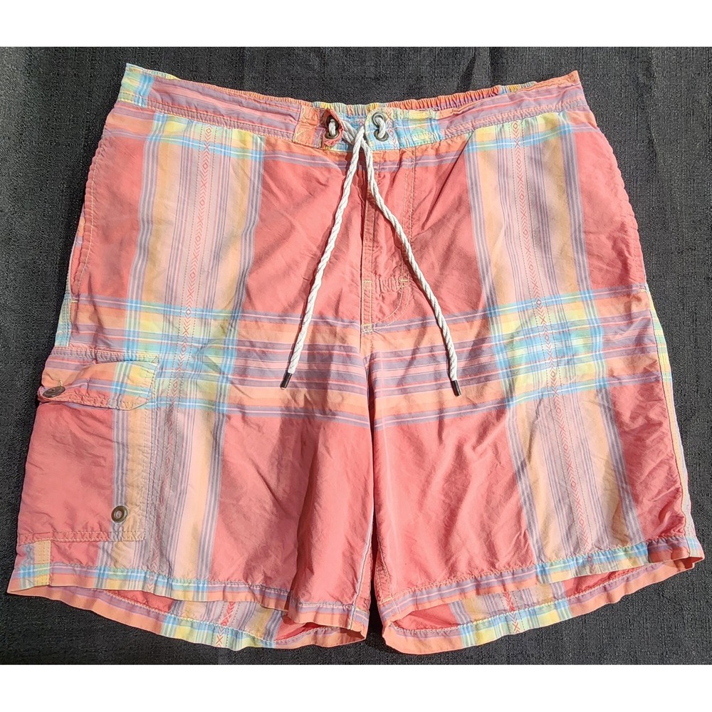 Polo Ralph Lauren Shorts Men M Coral Plaid Swim Trunks Board Surf Beach Aztec